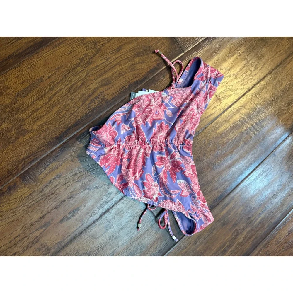 Time and Tru Bikini Bottom Womens L Purple Pink Floral Ruched Low Rise Cheeky